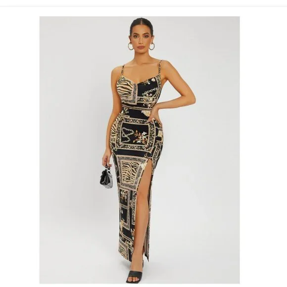 SHEIN SXY Scarf Print Backless Split Thigh Dress Size M - Picture 1 of 4